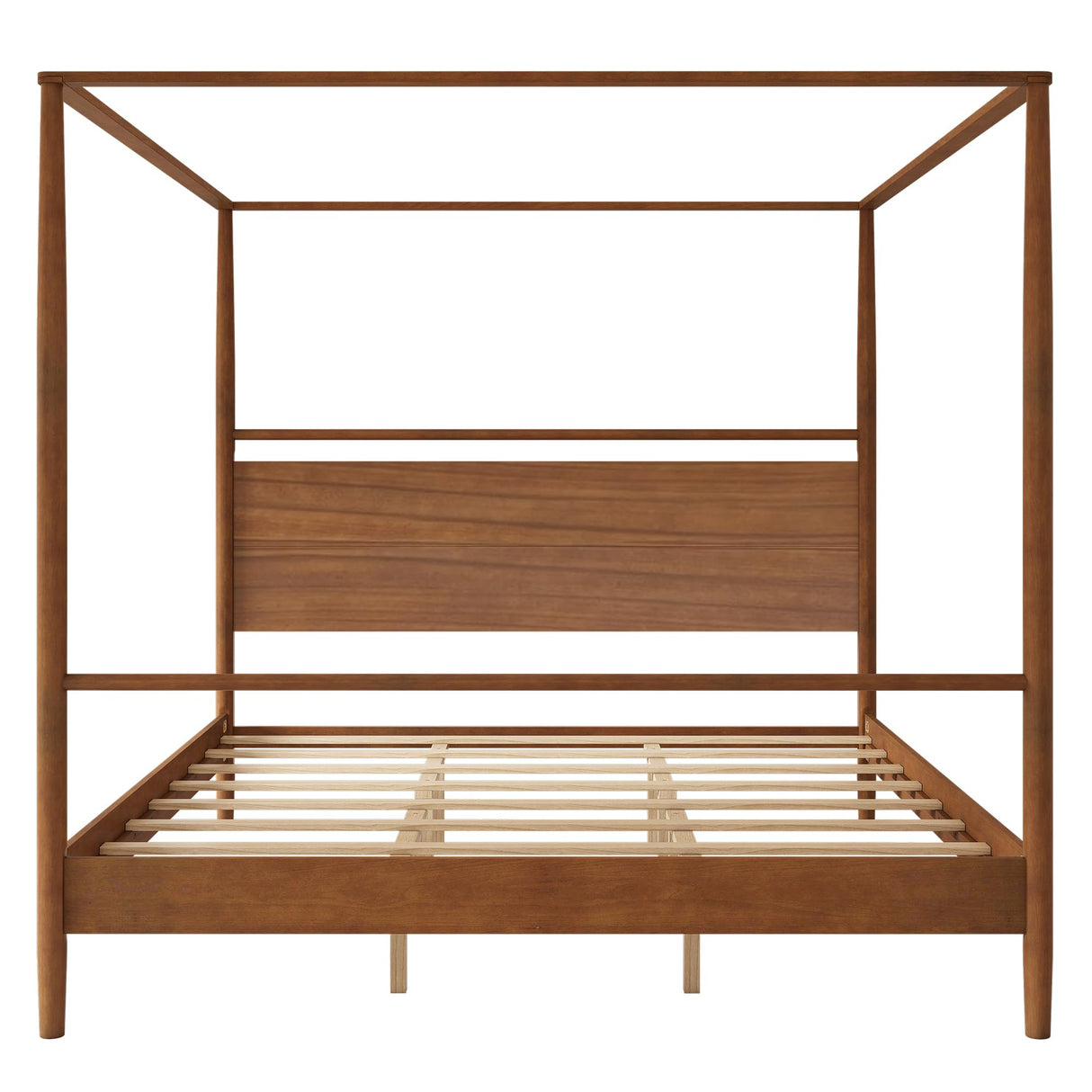 SOFTSEA Modern King Size Canopy Bed Frame in Walnut - Sturdy 4-Poster Design, No Box Spring Needed SOFTSEA