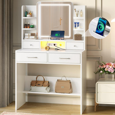 GREENSTELL Vanity Desk with Mirror and Lights, Makeup Vanity with 11.6" Groove Phone Stand & Charging Station, 12 Storage Area, 3 Color Lights Modes, Dressing Makeup Table, 31.5 inch, White