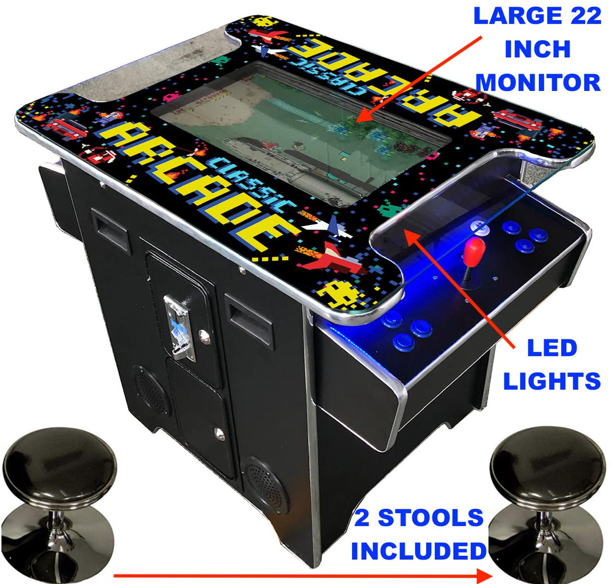 Top Us Video Arcades Full Size Commercial Grade Cocktail Arcade Machine 2 Player retro 412 Games 22" LCD Screen Tempered Glass 2 Stools Included 5 year Warranty Black TOP US VIDEO ARCADES