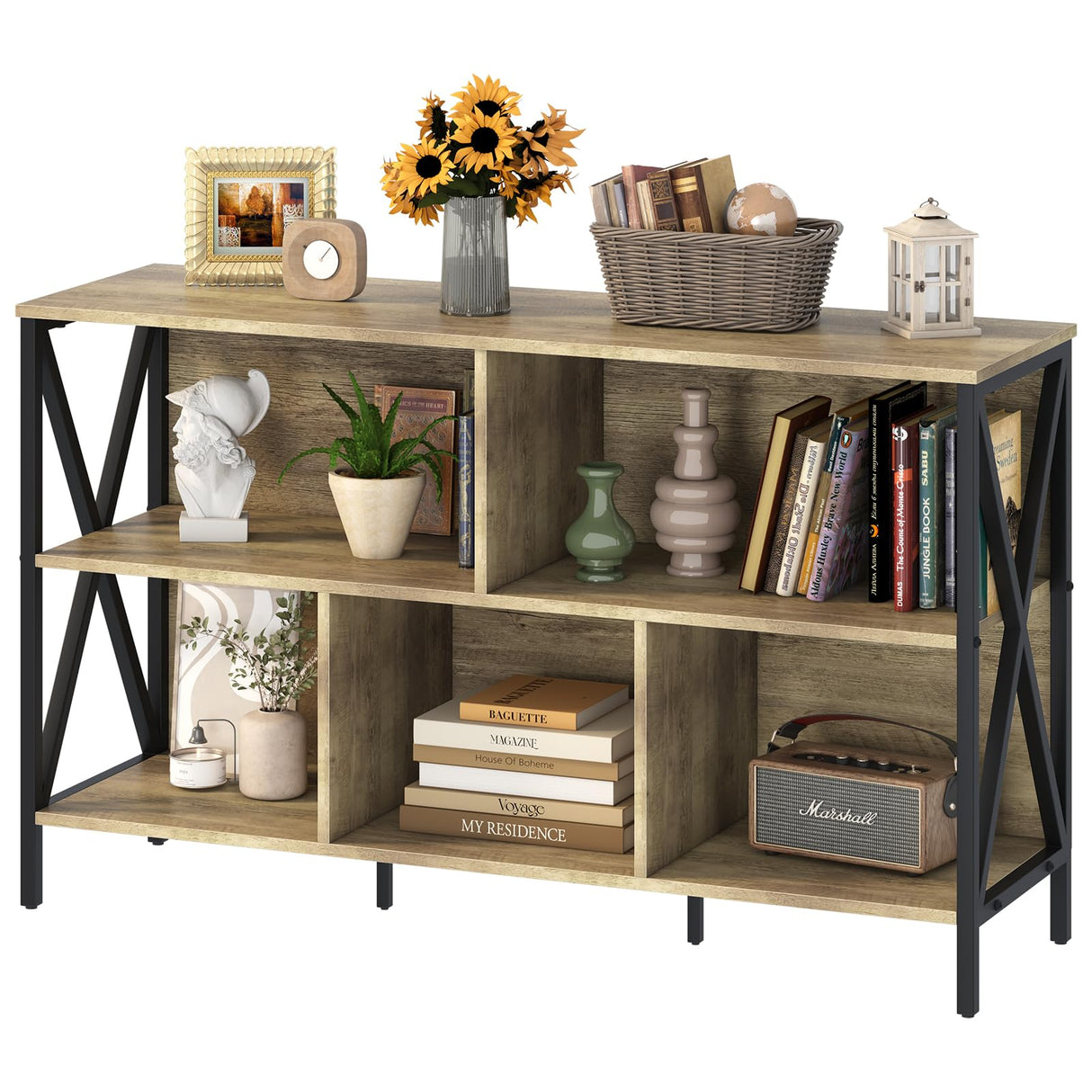 Horizontal Bookshelf,Industrial Modern 5 Cube Low Wide Cubby Bookcase,Long Wood and Metal Storage Organizer Open Shelf, Short Book Shelf Bedroom Storage for Home Office Living Room(Rustic Oak,5 Cube) Adompacat