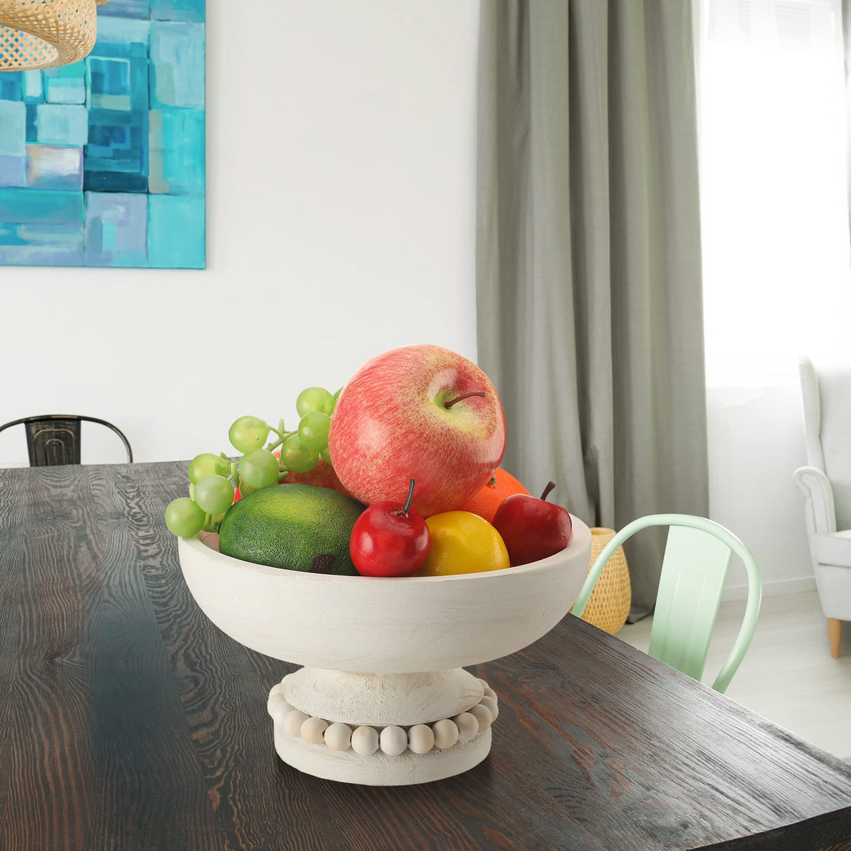 Amyhill Distressed Beaded Wood Pedestal Bowl Decorative Wooden Beaded Bowl Wood Pedestal Bowl Beaded Serving Bowl for Farmhouse Kitchen Decor (White) Amyhill