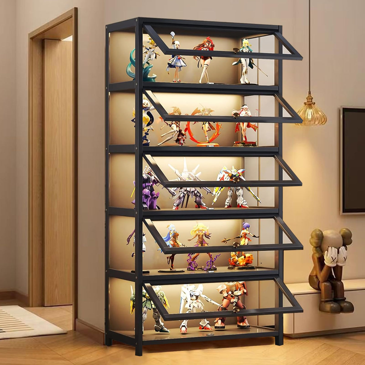 JOIHGA 67" Curio Display Cabinet, 5-Tier Display Cabinet with Acrylic Glass Door, Large Capacity Storage Collectibles Toy Organizers Rack & Shelf, Kids Bookcase for Playroom, Living Room JOIHGA