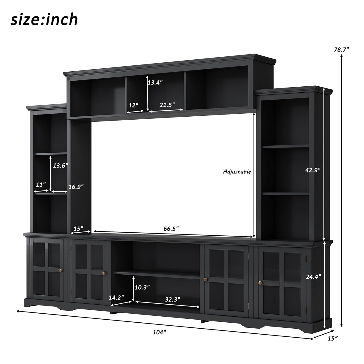 LUMISOL Entertainment Wall Unit with Bridge and Wine Cabinet, Multifunctional TV Stand with Storage Shelves for TVs Up to 70”, Entertainment Center with Tempered Glass Door for Living Room, Black LUMISOL