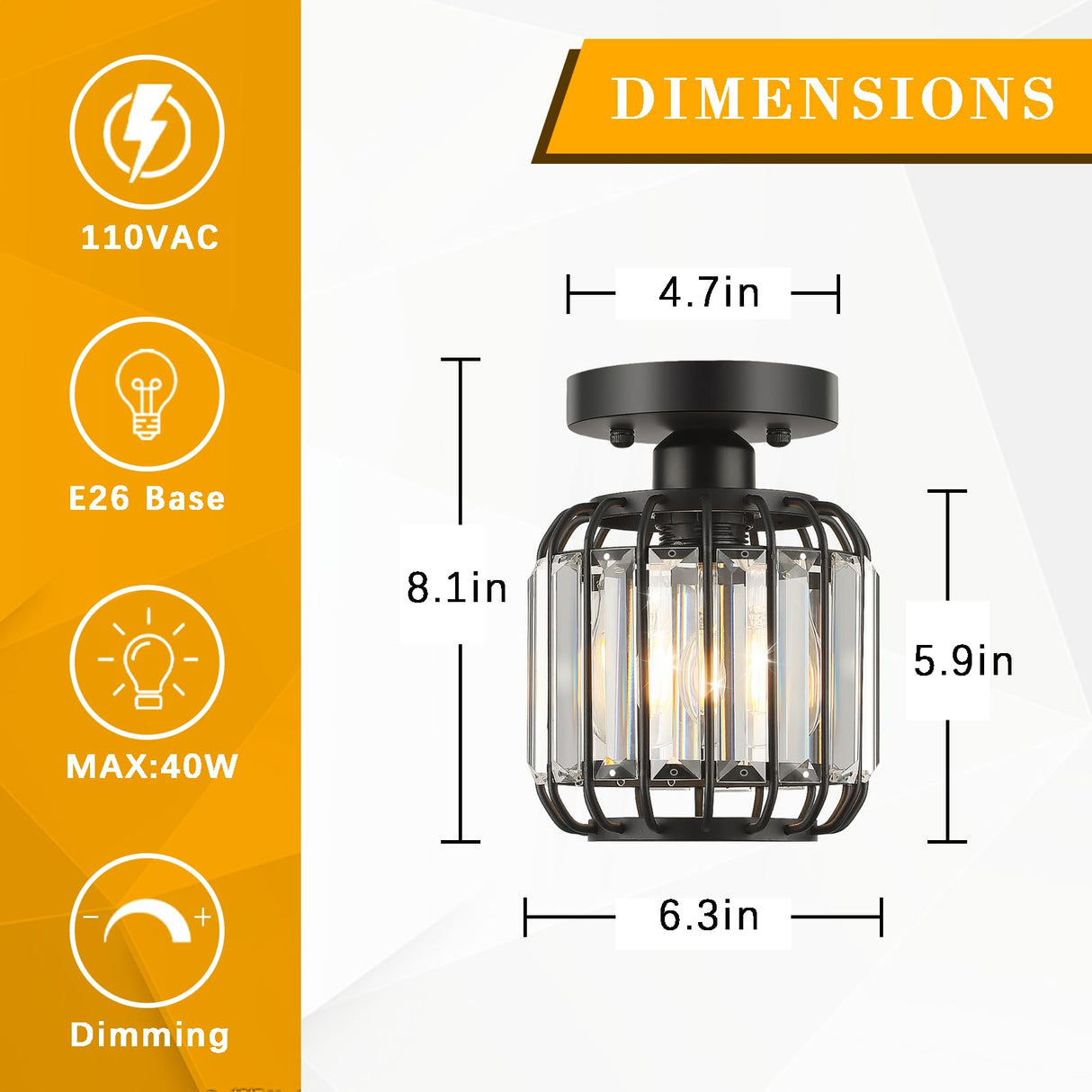 Illus Semi Flush Mount Ceiling Light Fixture, Modern Black Crystal Ceiling Light, Small Hallway Light Fixtures, Entryway Light Fixture for Kitchen Hallway Bedroom Foyer Dinning Room (Black) illus illumination