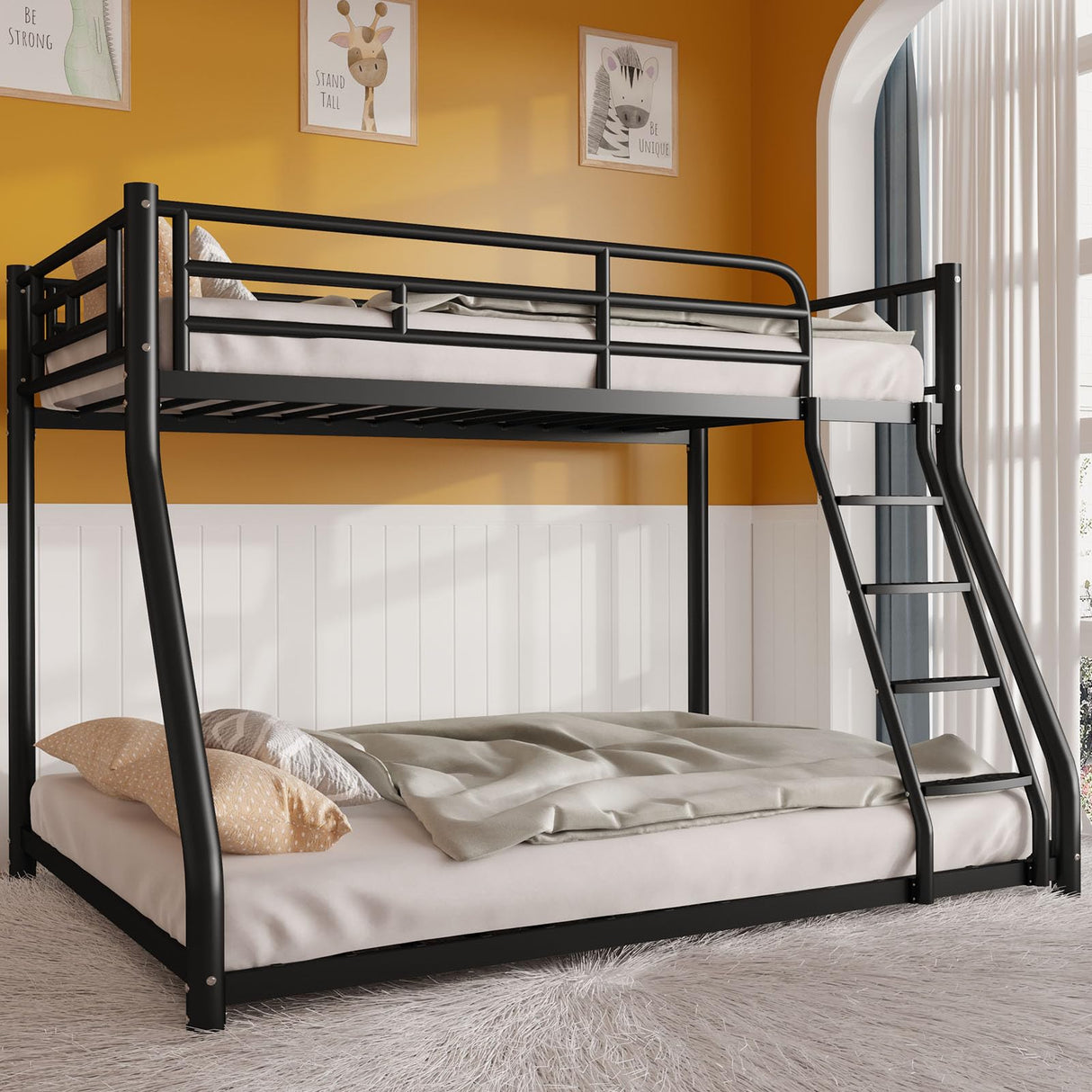 AUEYTVR Metal Twin Over Full Size Bunk Bed for Adults & Kids,Twin Over Full Bunk Beds, Low Profile Bunkbeds with Length Guardrail and Ladder, No Box Spring Needed,Space Saving,Black AUEYTVR
