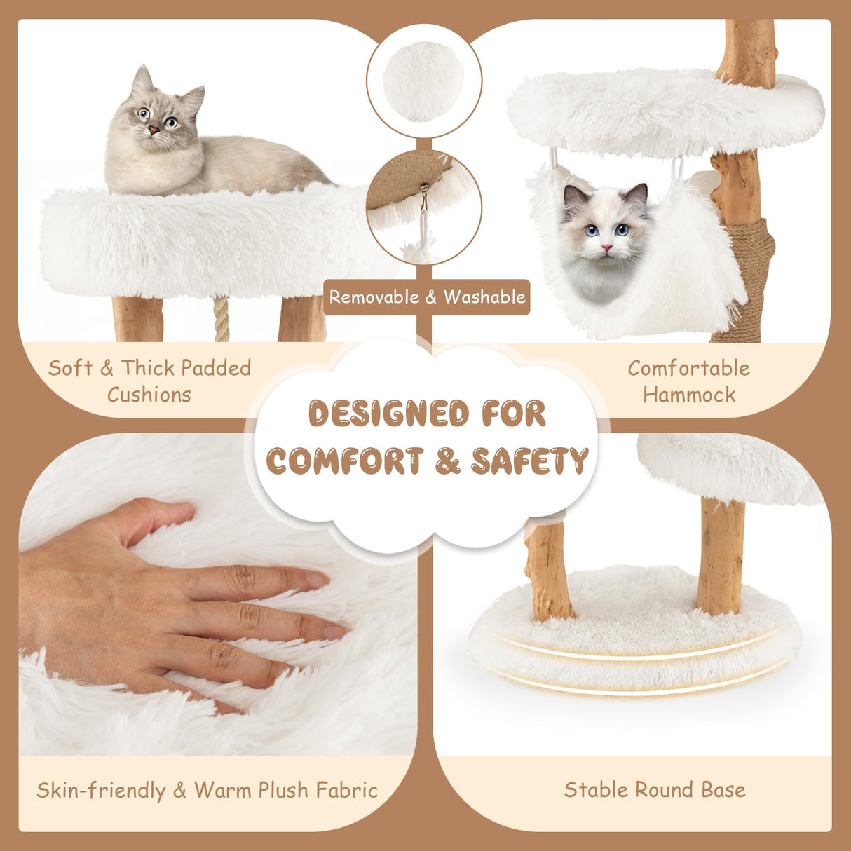 Tangkula Cat Tree Tower, Solid Wood Modern Cat Tower with Cozy Top Perch, 2 Platforms & 1 Hammock, Natural Branch Cute Cat Tree with Scratching Posts & Sisal Rope for Indoor Cats Tangkula