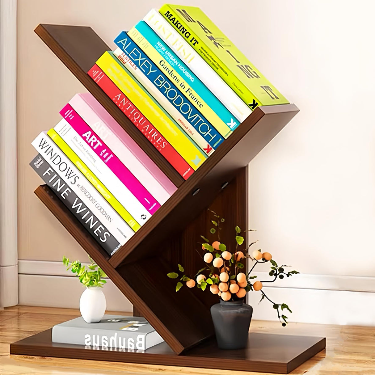 Godferyxin Book Tree Bookshelf, 3-Tier Wood Small Tree Bookcase for Displaying Books, CDs, Magazines and More at Office, Home or School Godferyxin