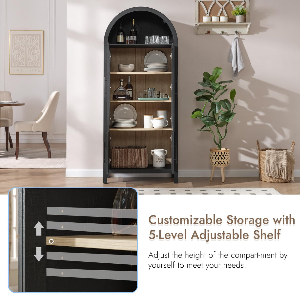 WINWY 71" Tall Arched Display Cabinet, 5-Tier Bookshelf Modern Farmhouse Arched Bookcase with Glass Doors and Shelves, Wooden Pantry Storage Cabinet for Living Room, Office and Kitchen, Black WINWY