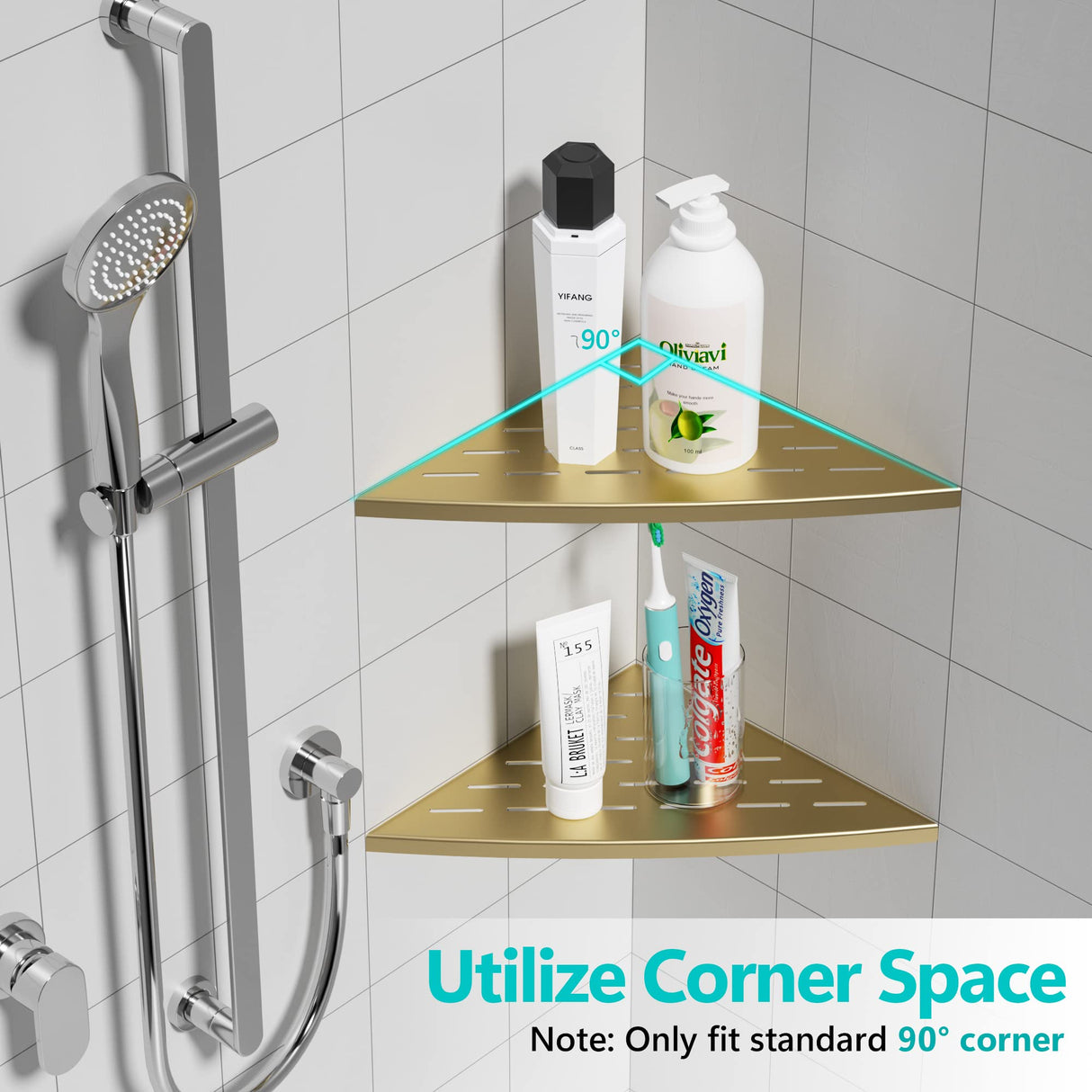 Qeke Corner Shower Shelf Brushed Golden, 304 Stainless Steel 11.5” Recessed Corner Shelf Bathroom for Tiled Wall, Floating Shower Shelves Shampoo Holder, No Drilling, 2 Pack Qeke