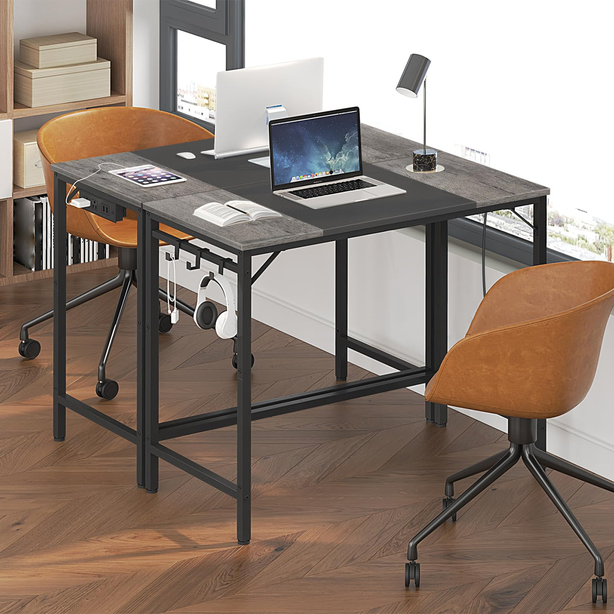 HOOBRO Computer Desk, Home Office Desk with Power Outlet, Modern Study Writing Desk with 3 Hooks for Study Room, Home Office, Sturdy and Stable, Easy to Assemble, Charcoal Gray and Black BC40UDN01 HOOBRO