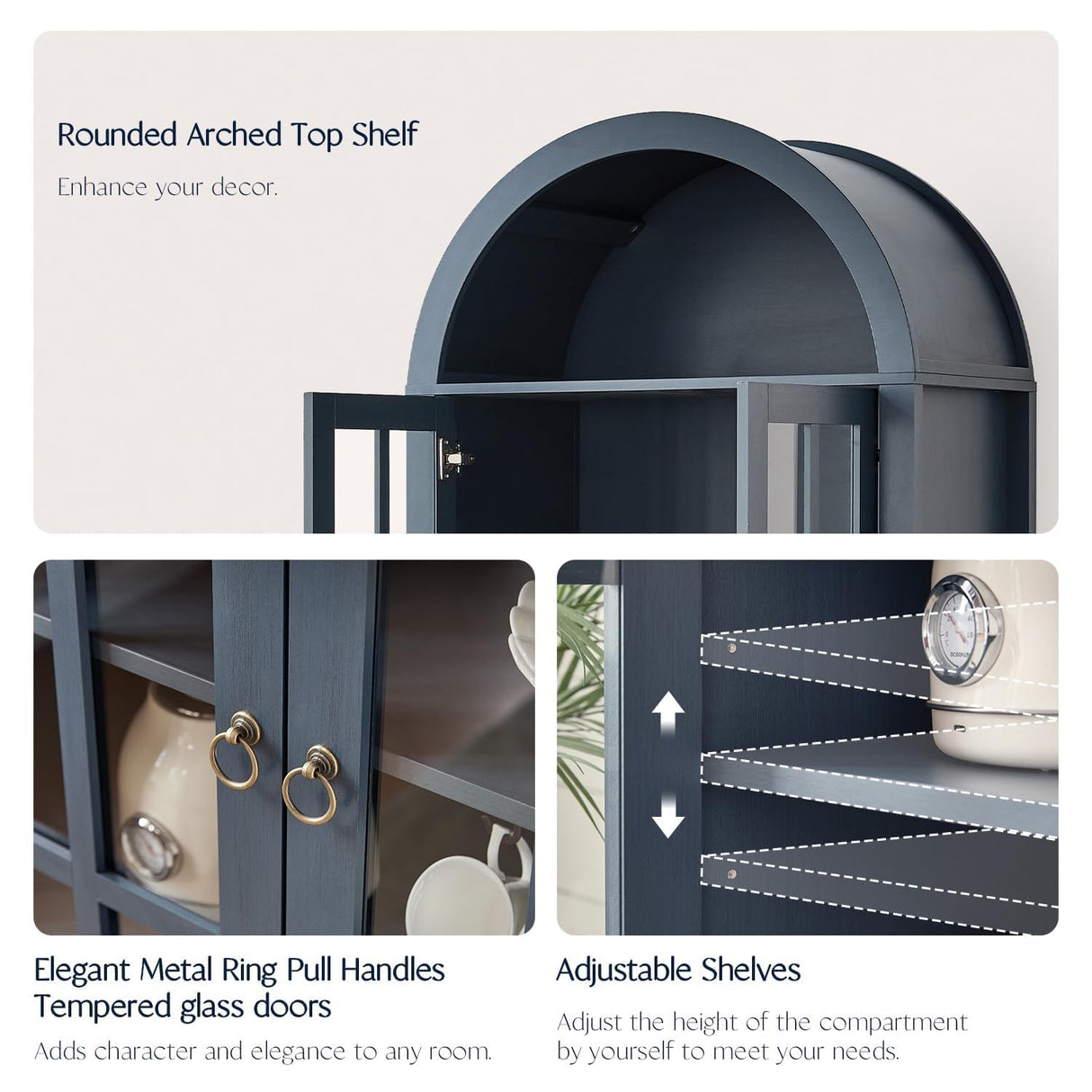 RowyPoey Farmhouse Arched Cabinet with Glass Doors, Wood Display Cabinet with Drawer and Adjustable Shelves, 71” Tall Bookshelf Modern China Storage Kitchen Pantry for Living Room,Office (Navy Blue) RowyPoey