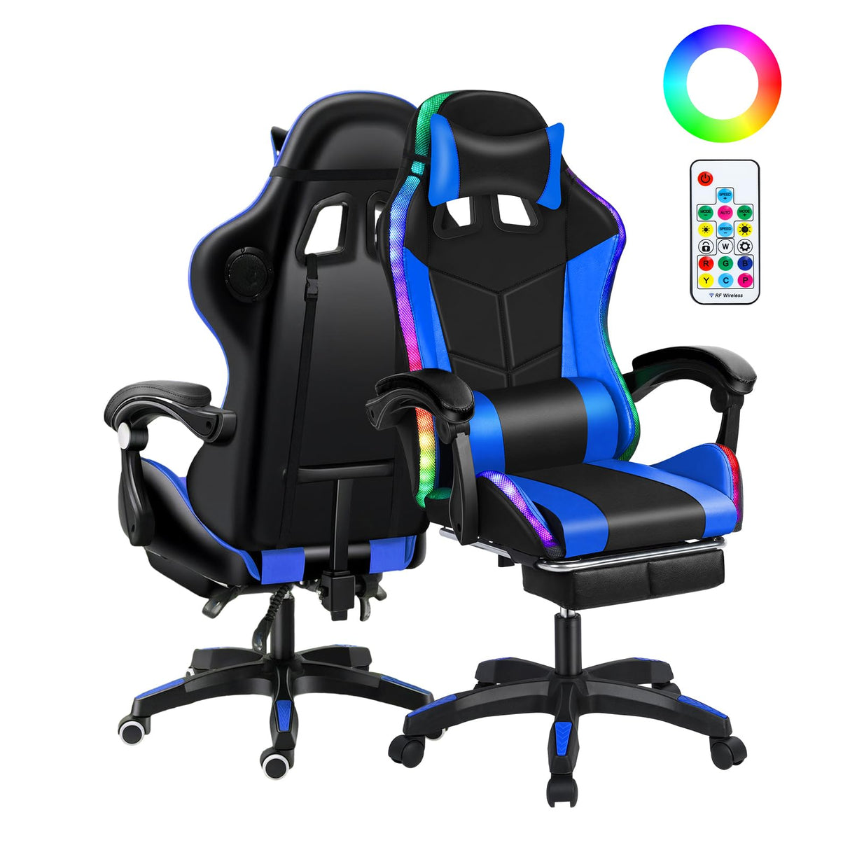 Ergonomic Gaming Chair with Footrest, Speakers Video Game Chairs with Bluetooth Music and LED RGB Lights, Computer Office Desk Chair, Massage Lumbar Support,400lb Capacity (Black Blue) GIFZES