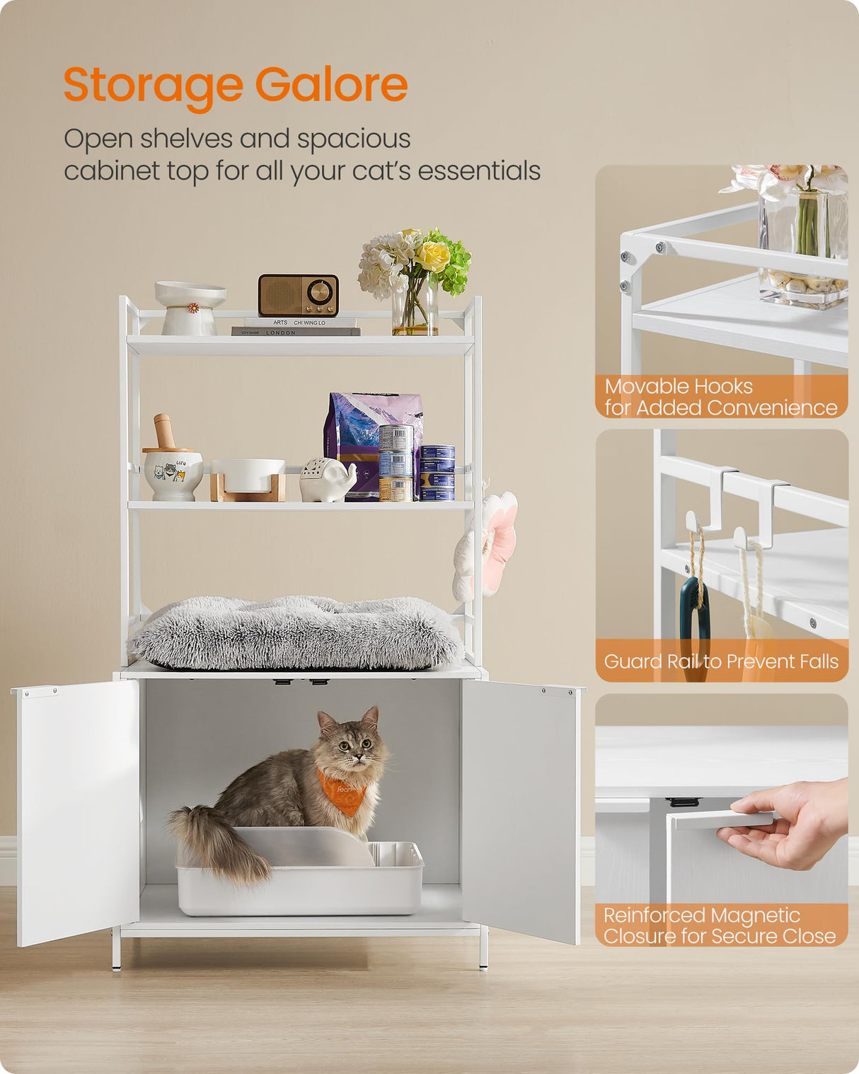 Feandrea Cat Litter Box Enclosure, Hidden Litter Box Furniture with 2 Storage Shelves, 2 Hooks, Spacious for Large Cats, Indoor Cat House, Snow White UPCL009W01 Feandrea