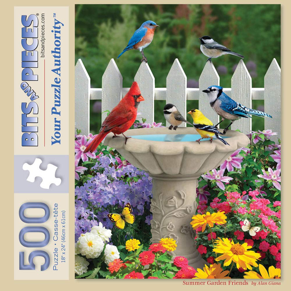 Bits and Pieces – 500 Piece Jigsaw Puzzle for Adults – Summer Garden Friends - Bird Bath Flower Fence Yard Outdoor Animal Jigsaw Puzzle by Artist Alan Giana, Completed Puzzle Size: 18" x 24" Bits and Pieces