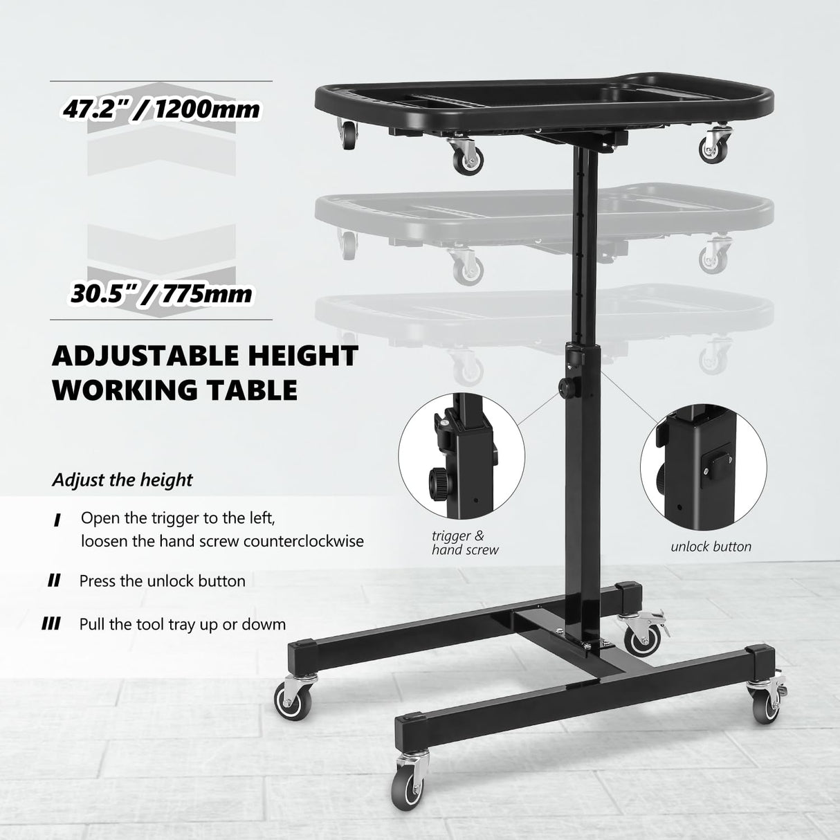 DNA MOTORING 2 in 1 Working Table - Adjustable Height 30.5'' to 47.2'', Rolling Part Tray with 4 Rollers, Portable Work Bench with 2 Brake Wheels, DNA MOTORING