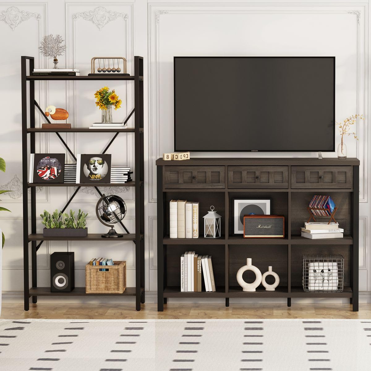 FATORRI Rustic 6 Cube Storage Organizer Bookshelf with 3 Drawers, Short Low Horizontal Bookshelf for Living Room, Industrial Wood and Metal Cubby Bookcase for Home Office (Walnut Brown, 47 Inch) FATORRI