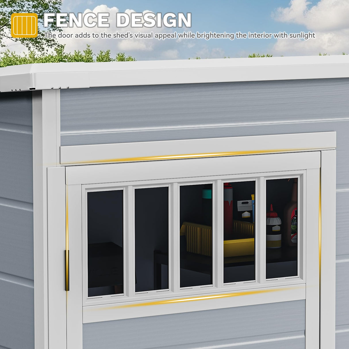 DWVO 5x3FT Outdoor Storage Shed with Fence-Style and Side Windows, Floor, Lockable Doors, Plastic Storage Shed for Backyard and Garden, Gray DWVO