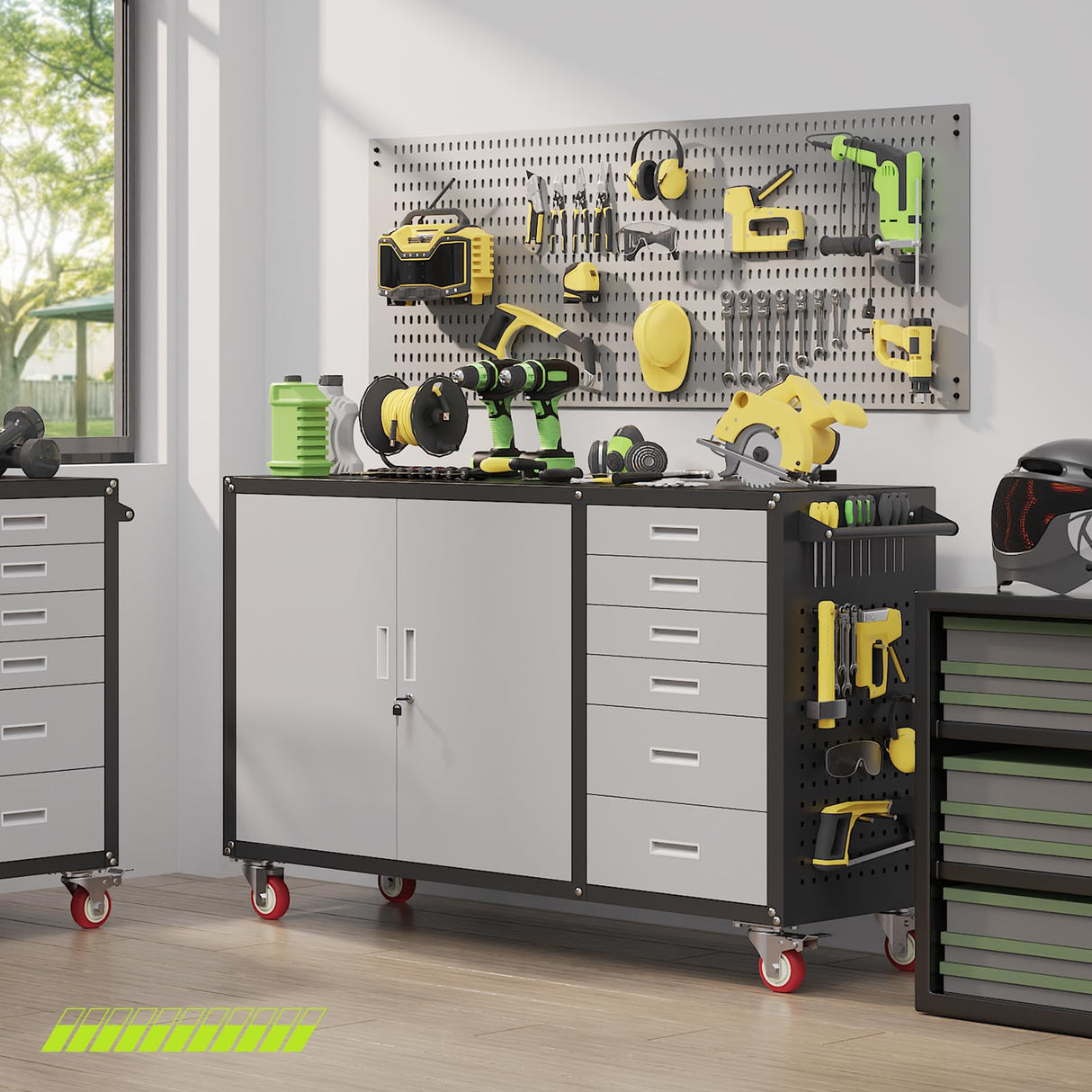 Rumetol 55"W Heavy Duty Rolling Workbench with Drawers and Storage,1000 LBS Capacity Work Bench with Lockable Cabinet & Adjustable Shelf,Garage Workbench with Pegboard & Wheels for Garage/Repair Shop Rumetol