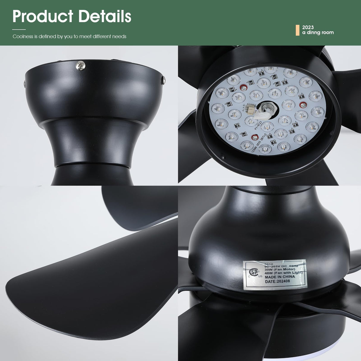 Kviflon Ceiling Fans with Lights and Remote/APP Control, 30 inch Low Profile Ceiling Fans with 5 Reversible Blades 3 Colors Dimmable 6 Speeds Ceiling Fan for Bedroom Kids Room Dining Room, Black Kviflon