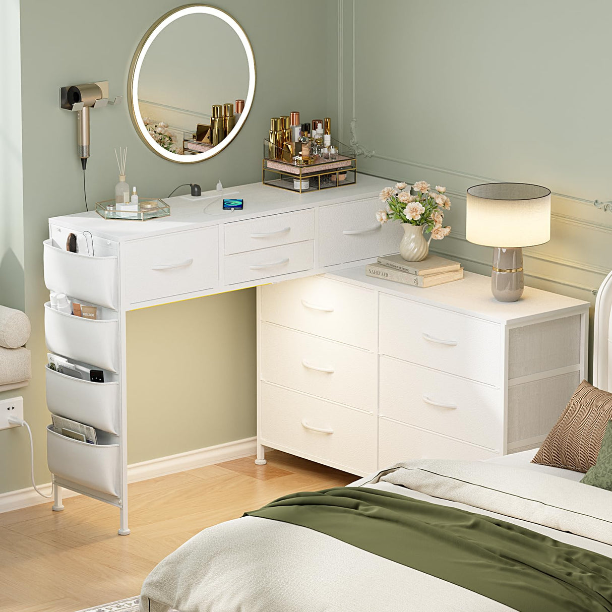 REAHOME Dresser for Bedroom with Charging Station and LED Light, 67" Rotatable Vanity Desk with LED Light and Side Pockets, Makeup Table with 10 Fabric Drawers, Modern Home Office Desks, White REAHOME