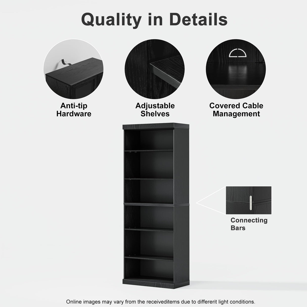 Casaphoria 82" H Wooden Bookcase, Heavy Duty Bookshelves, 6-Tier Wide Bookshelf with Large Storage Space for Home Office, 82" H x 31" W x 16" D, 130Lb, Black Casaphoria