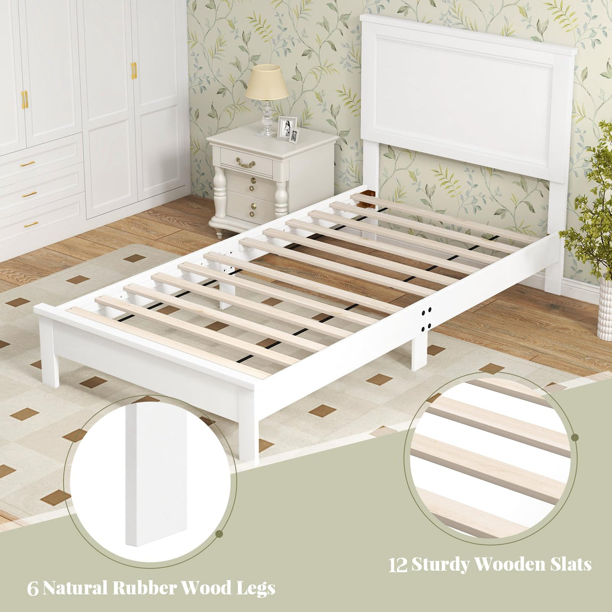 Giantex Wood Twin Bed Frames with Headboard, Mid Century Platform Bed Frame with Solid Wood Legs & Wooden Slat Support, Twin Bed Frames for Kids Adults, White Bed Giantex