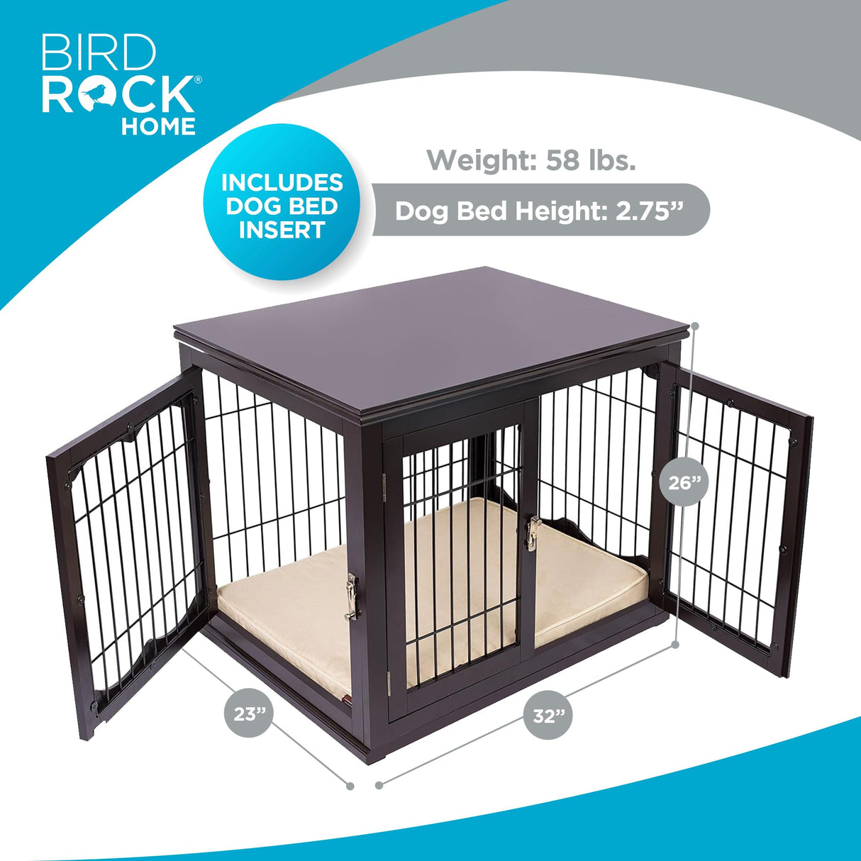 INTERNET'S BEST Decorative Dog Kennel with Pet Bed, Small Pet House, Double Door Indoor Crate, Engineered Wood & Wire Furniture, Side Table & Nightstand, Fits Small Dogs - Espresso Internet's Best