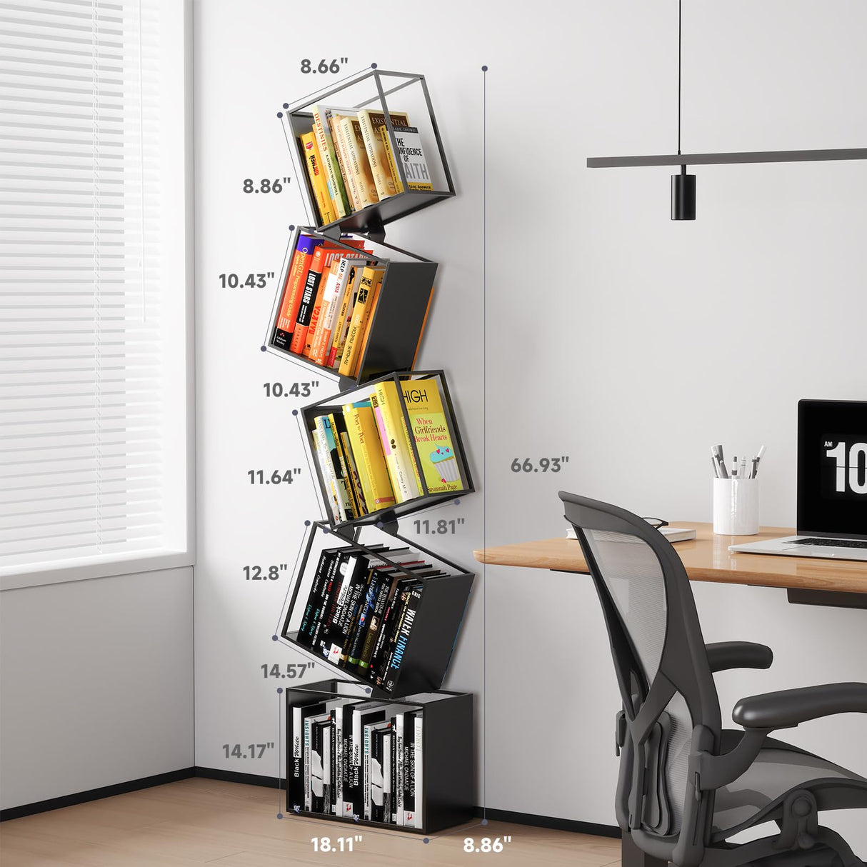 YTDnova 5-Tier Metal Bookshelf – Modern Geometric Narrow Bookcase with Matte Black Finish, Tall Storage Organizer Display Shelf for Living Room, Bedroom, Office, Small Spaces YTDnova