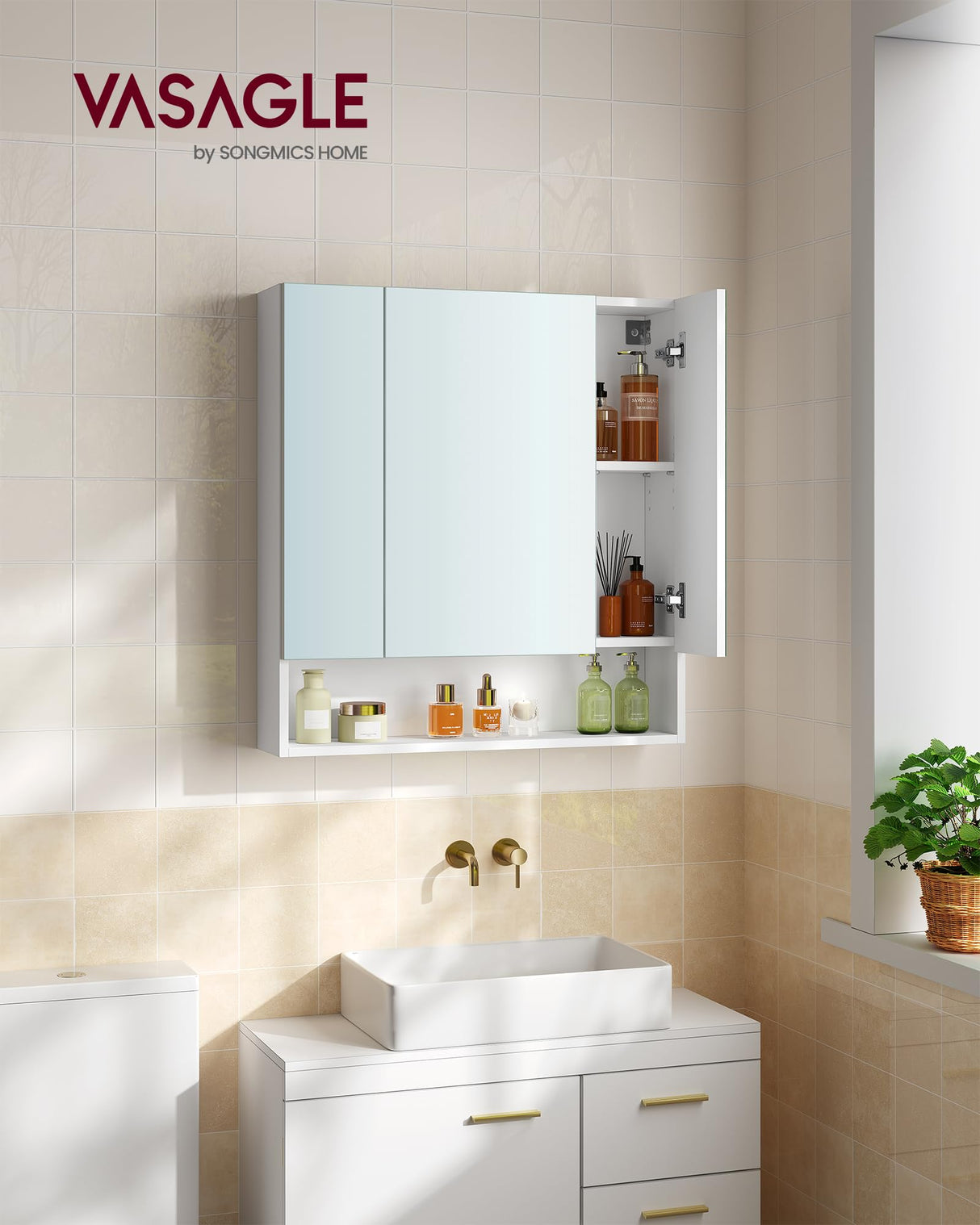 VASAGLE Medicine Cabinet Mirror, Bathroom Mirror with Storage, Bathroom Mirror Cabinet, Wall Mirror Cabinet, Open Compartment, Adjustable Shelves, 6.5 x 27.6 x 29.5 inches, Cloud White UBBK129W01 VASAGLE