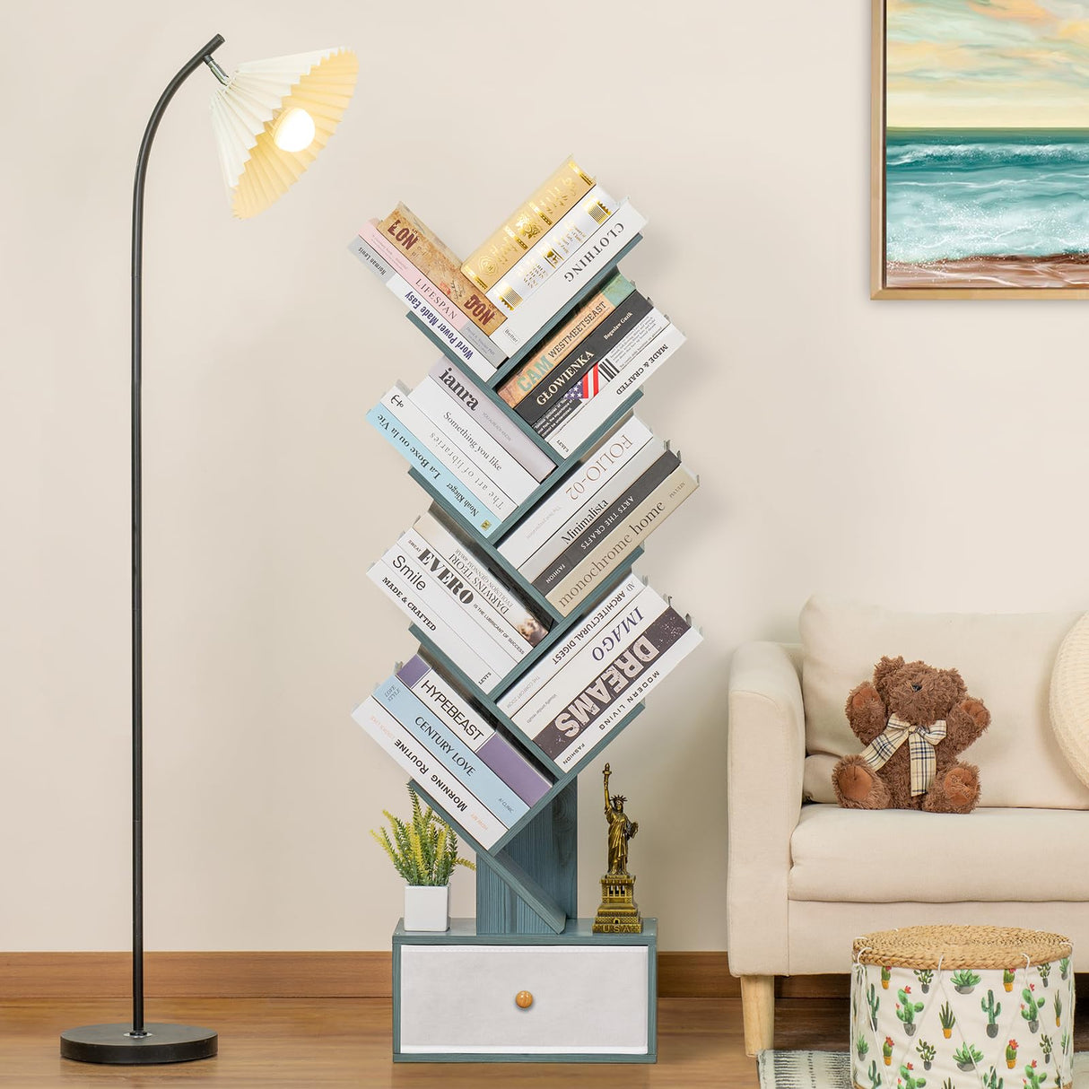 SHEEPAM 8-Tier Navy Blue Tree Bookshelf with Drawer - Stylish Storage Organizer for Small Spaces SHEEPAM