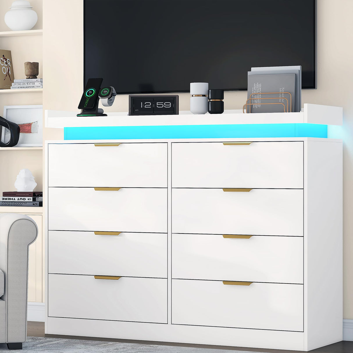 UNIQUITE 8 Drawer Dresser for Bedroom, White Dresser with LED Lights and Power Outlet, Wooden Dressers Chests of Drawers, Double Wide Dressers for Bedroom, Living Room, Hallway UNIQUITE