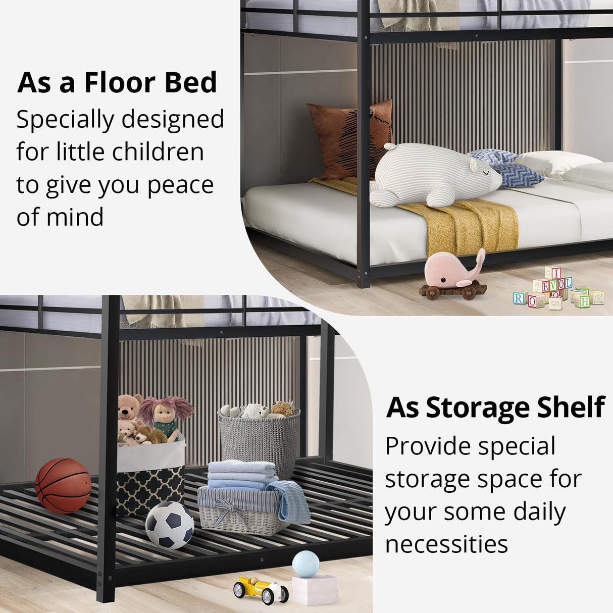 INCLAKE Full Over Full Bunk Bed, Heavy Duty Metal Bunk Bed Frame with Built-in Ladder and Safety Guard Rail, Low Bunk Bed for Teens Adults, Noisy Free & No Box Spring Needed, Black INCLAKE