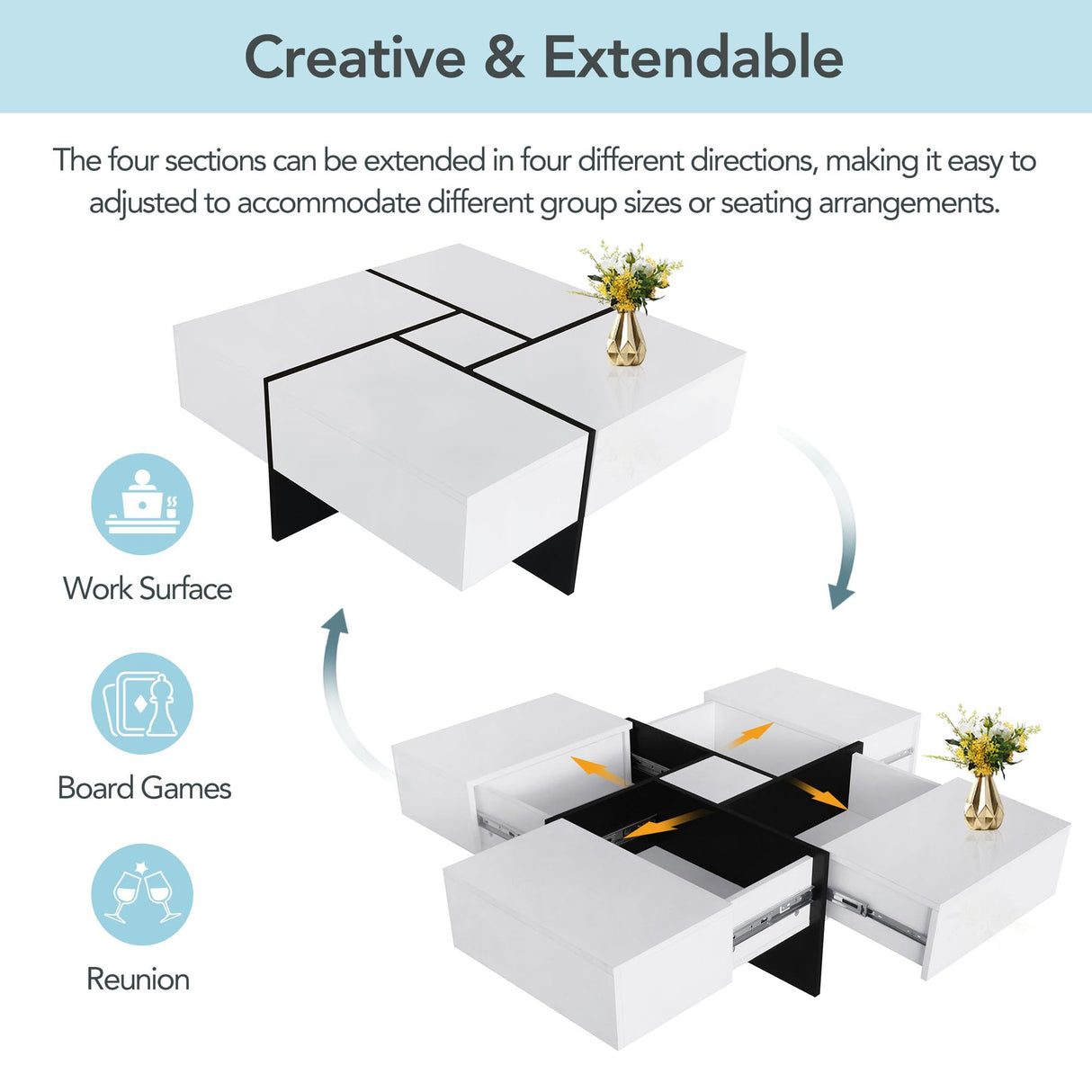 Merax Coffee Table, Modern Extendable Coffee Table with 4 Hidden Storage Compartments, UV High-Gloss Square Center Cocktail Table with Sliding Tabletop for Living Room, 31.5"x 31.5" (White) Merax