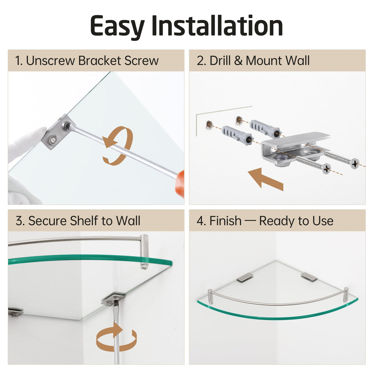 KES Glass Corner Shelf for Bathroom Corner Shelf 2 Pack Tempered Glass Shelf with Rail SUS 304 Stainless Steel Wall Mounted Brushed Finish, BGS2101A-2-P2 KES