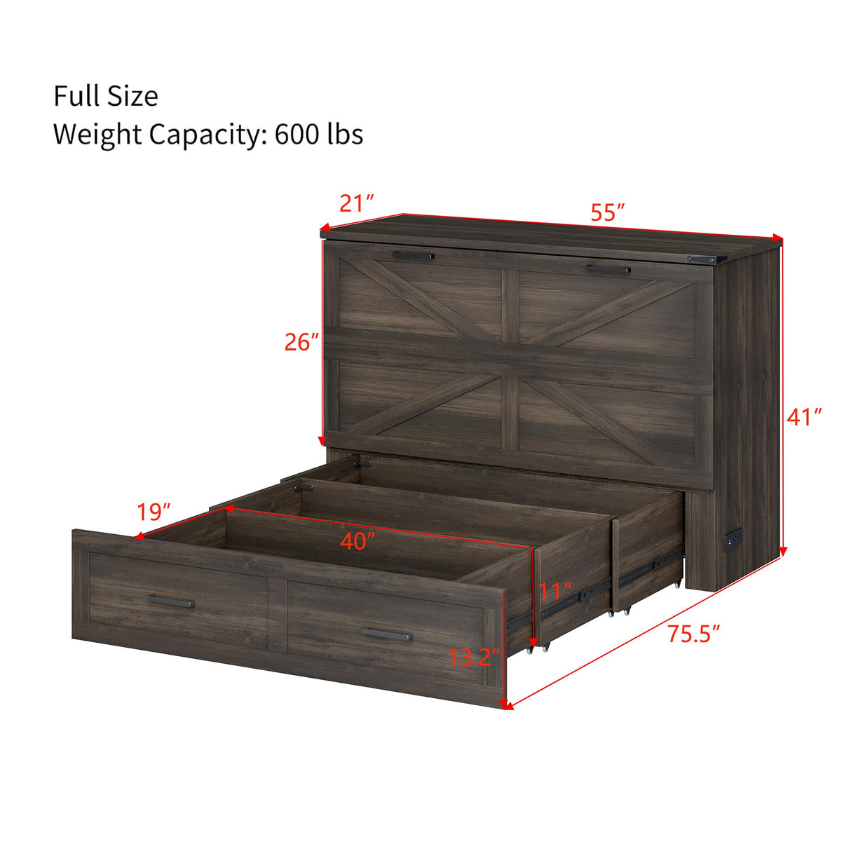 P PURLOVE Full Farmhouse Murphy Bed with Charging Station, Mobile Cabinet Bed with Large Storage Drawer for Guest-Room and Small Bedroom (Rustic Gray) P PURLOVE