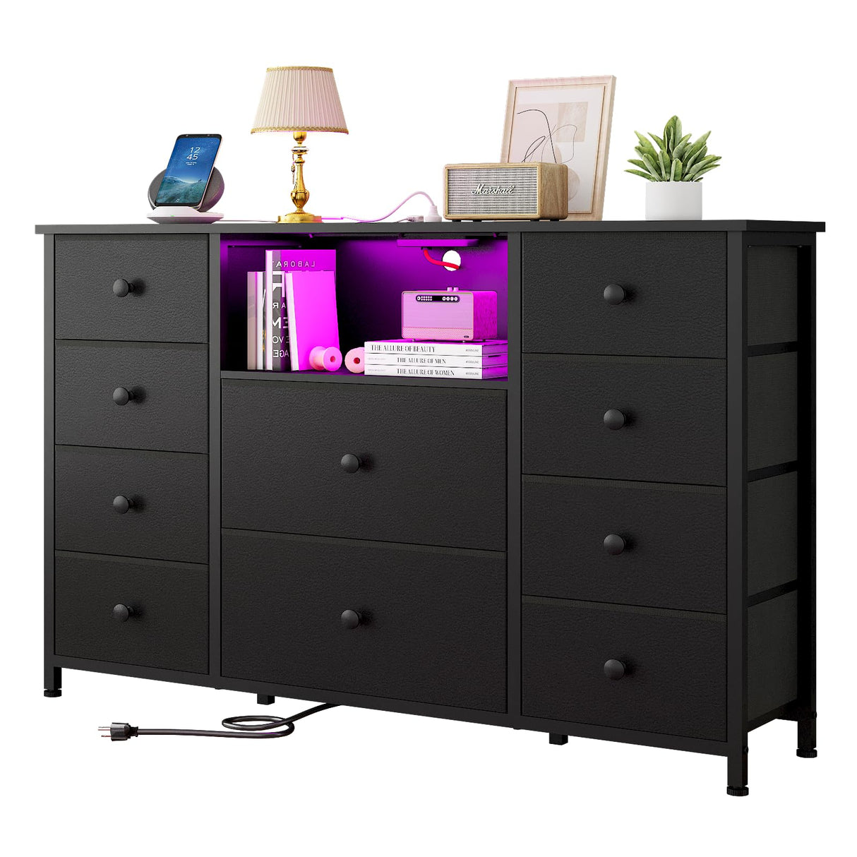 LDTTCUK Dresser with Charging Station and LED Lights, Long Dresser for Bedroom Dresser TV Stand with 10 Drawers, Fabric Chest of Drawers with PU Finish, Wide Dresser Storage Organizer, Black LDTTCUK