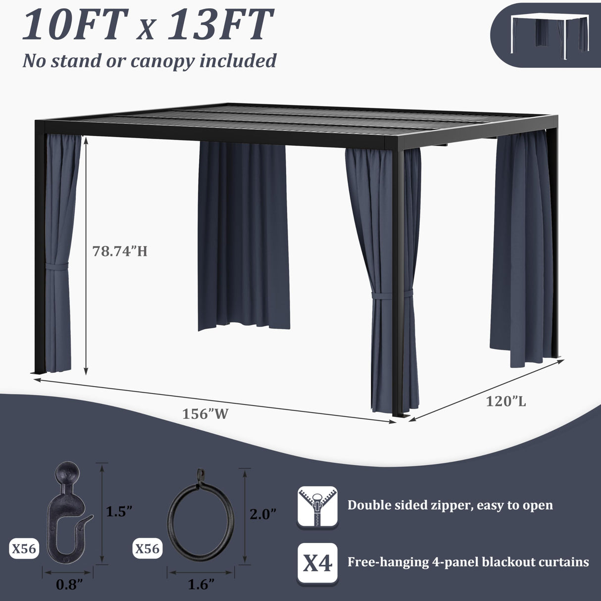 Kimunuk Gazebo Universal Replacement Privacy Curtain,10'X13' Gazebo Outdoor Waterproof Curtains, 4-Panels Sidewall Curtains with Double Zipper for Patio, Garden and Backyard (Only Curtains, Navy Blue) Kimunuk