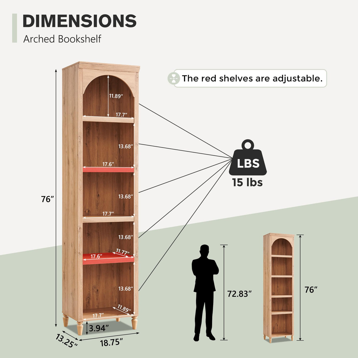 IFGET 76" Tall Arched Bookcase, Farmhouse 5 Tiers Narrow Arched Bookshelf Cabinet with Adjustable Shelves, Modern Wooden Book Shelf w/Storage and Open Display Shelves for Living Room, Office-Natural IFGET
