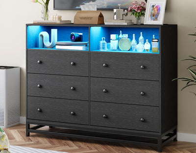 Black Dresser for Bedroom With LED Light & Charging Station, 6 Drawers Wooden Dressers for Women With Open Space, Modern Chest of Wide Drawers for Girls Bedroom Living Room, Entryway, Hallway