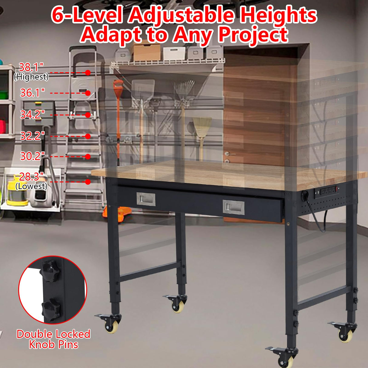 ACONEE 48" Adjustable Workbench, Heavy Duty Workstation 2000 LB Load Capacity, Rubber Wood Top Workstation with Drawer & 4 Rolling Casters, Power Outlets, Metal Frame, Workbench for Workshop Garage ACONEE