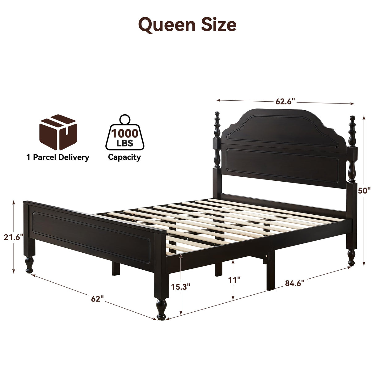 BedsPick Solid Wood Bed Frame Queen Size, Wooden Retro Style Queen Bed Frame with Headboard and Footboard, Heavy Duty Bed Frame with 12 Wood Slats Support,No Box Spring Needed,Noiseless, Dark Brown BedsPick