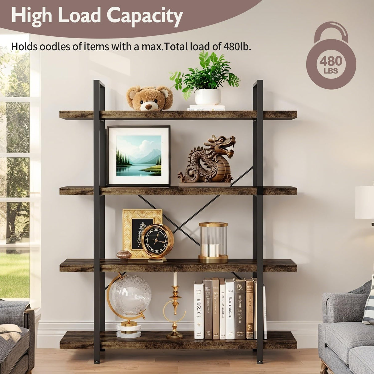 VKUCI 4 Tier Book Shelf, 47'' Wide Wood Industrial Bookshelf, 120lbs Shelf Capacity, Open Storage Shelves, 55'' Tall Heavy Duty Display Shelving, Rustic Brown Bookcase for Bedroom,Living Room,Office VKUCI