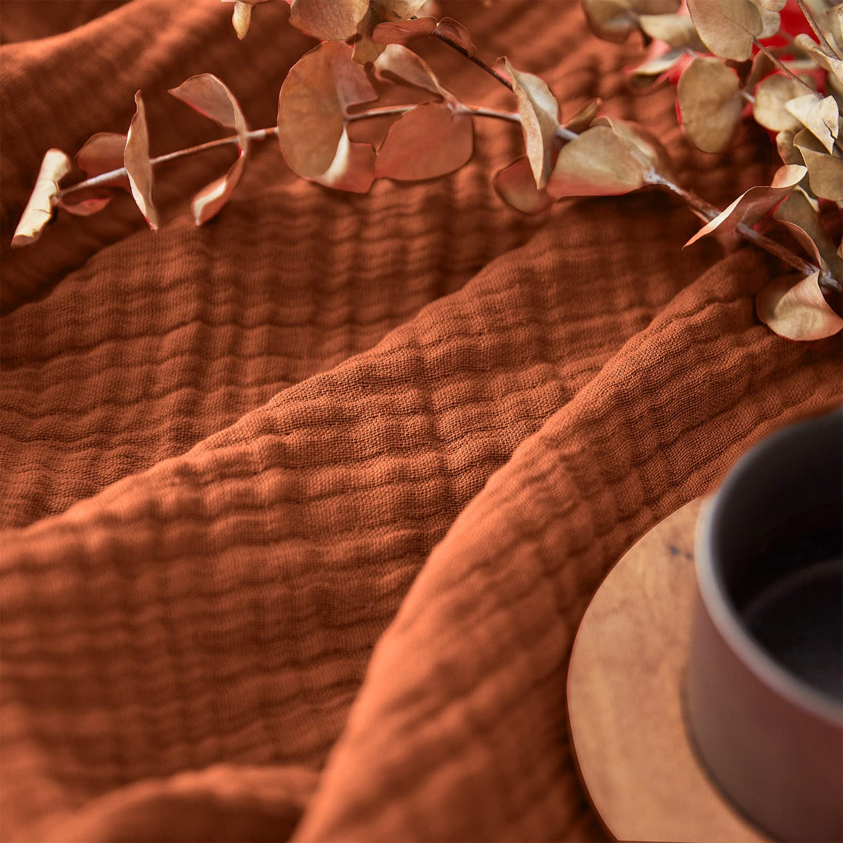 Simple&Opulence Cotton Muslin Throw Blanket for Bed, Couch, Knit Woven Gauze Blanket with Tassels, Soft Lightweight Cozy Pre-Washed Breathable Farmhouse Decoration for All-Season (Rust Orange) Simple&Opulence