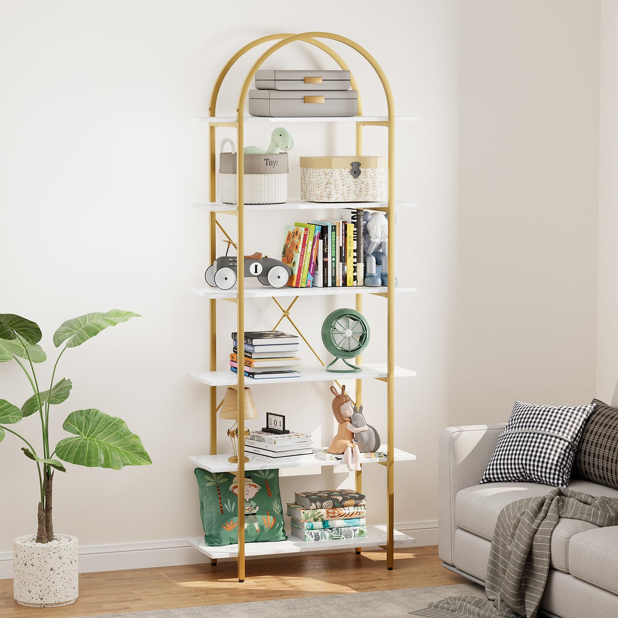 Arbuxzuy 6 Tier Bookshelf, 83" Tall Arched Bookcase, Tall Book Shelf with Metal Frame, Modern Display Standing Shelf for Living Room, Home Office, Bedroom, Gold