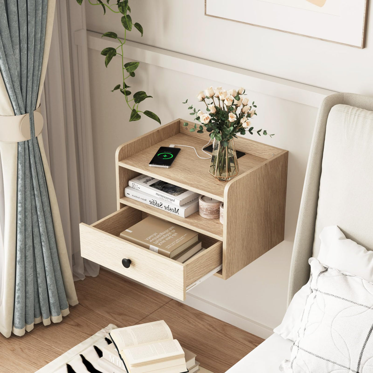 Natural Floating Nightstand Set of 2 with Charging Station and Storage Drawer Wall Mounted Bedside End Table Wood Modern Night Stand for Bedroom Nightstands Set 2 Natural HOSEOKA