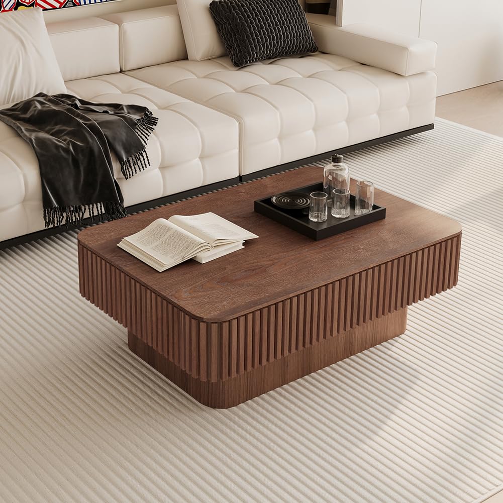Lift Top Coffee Table with Storage for Living Room Mid Century Modern Coffee Table with Lifting Top Wood Fluted Coffee Tables with Lifts Up Tabletop for Home Apartment Office 38.6" Walnut Rectangle SPMETUYO