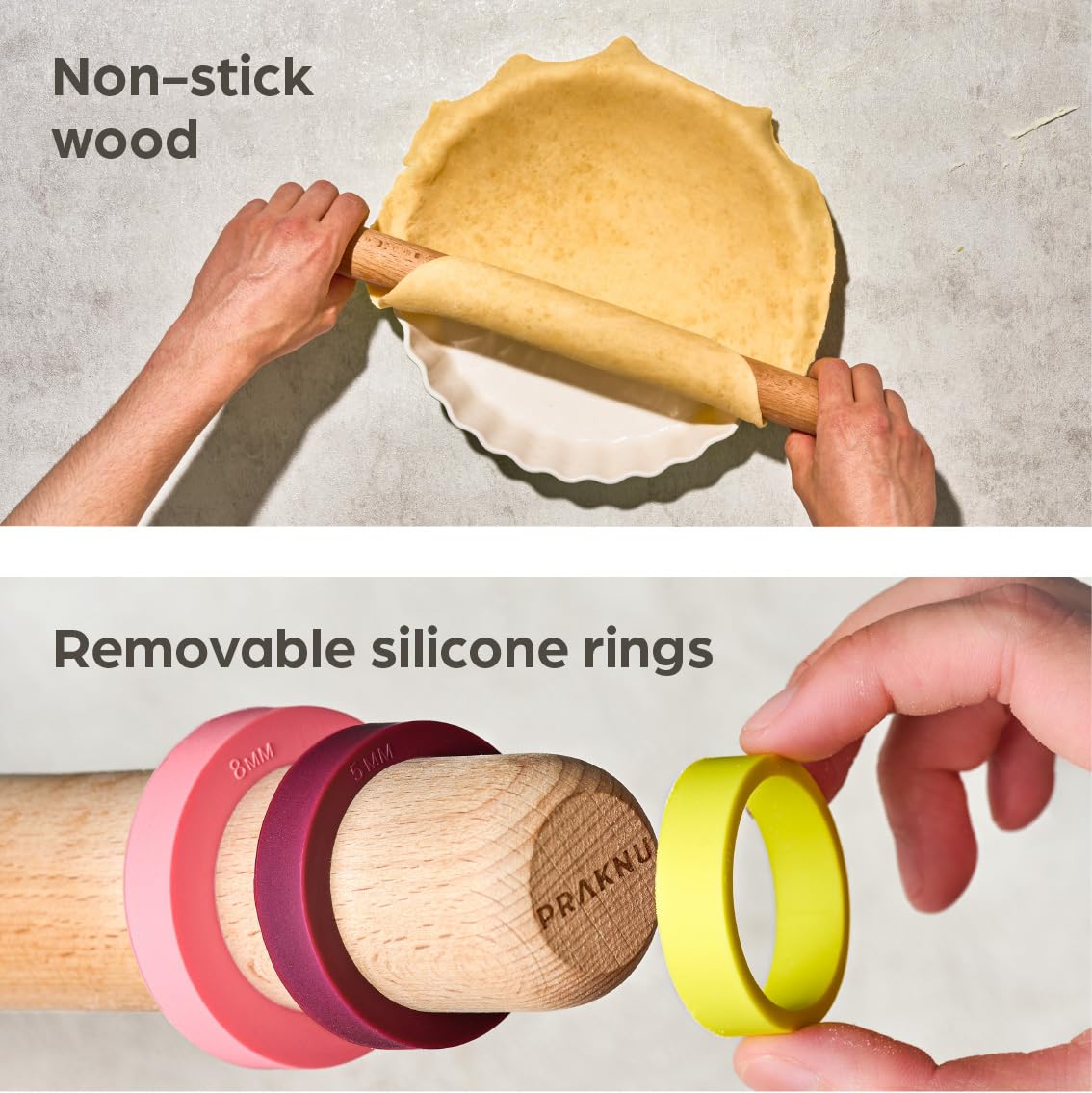 Rolling Pin For Baking with Thickness Rings - 2 Adjustable Rolling Pin with Scale - Sustainable FSC® Wood - for Pie Crust, Cookie, Pastry - Baking Essential Praknu