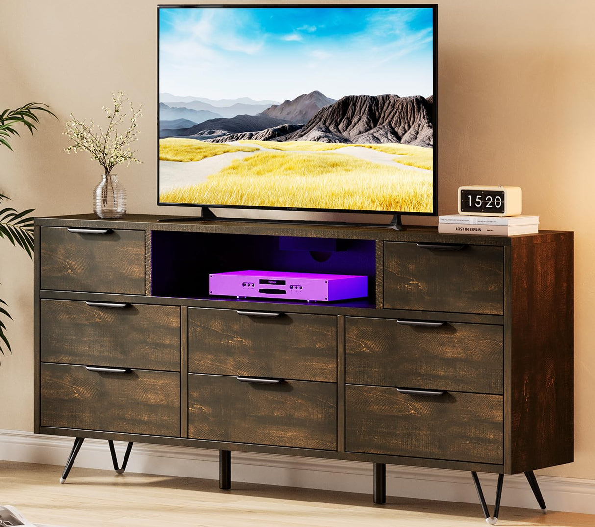 TV Cabinet with Storage LED Lights,Power Outlets,Dresser with 8 Drawers Open Shelf,TV Stand for 32/45/55/65 Inches,Metal Frame & Wood Top Storage Cabinet for Bedroom,Living Room,Hallway Takywep