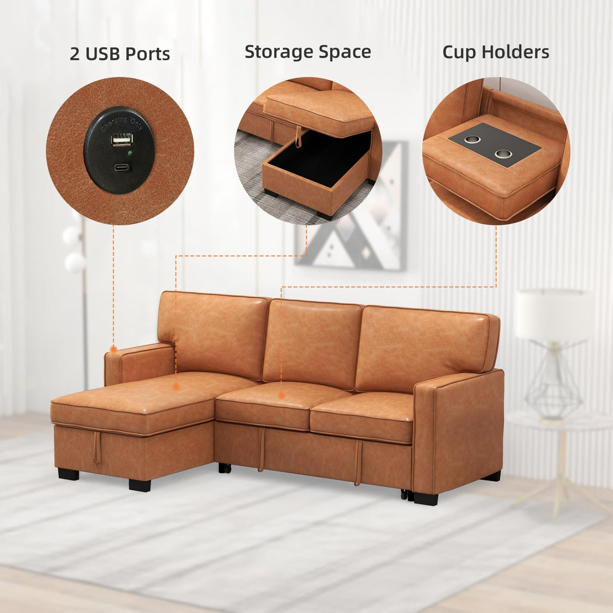 EBELLO Convertible Sleeper Sofa 3 in 1, Faux Leather Modern L-Shaped Couches for Living Room, Pull Out Sectional Futon Sofa Bed with Storage Space, USB Ports and Cup Holders for Bedroom, Brown EBELLO