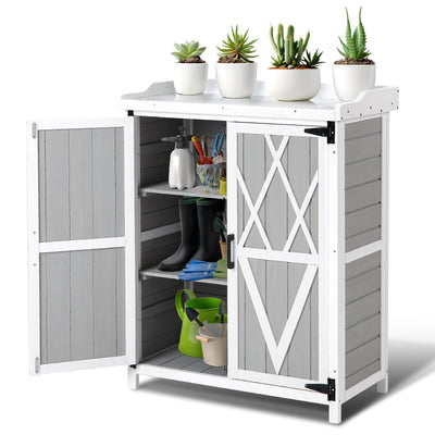 ElfinAura Outdoor Potting Bench with Storage - 37" Tall Wooden Garden Workstation with Galvanized Metal Tabletop, Adjustable Shelves & Double Doors for Backyard, Patio, Garden (White).